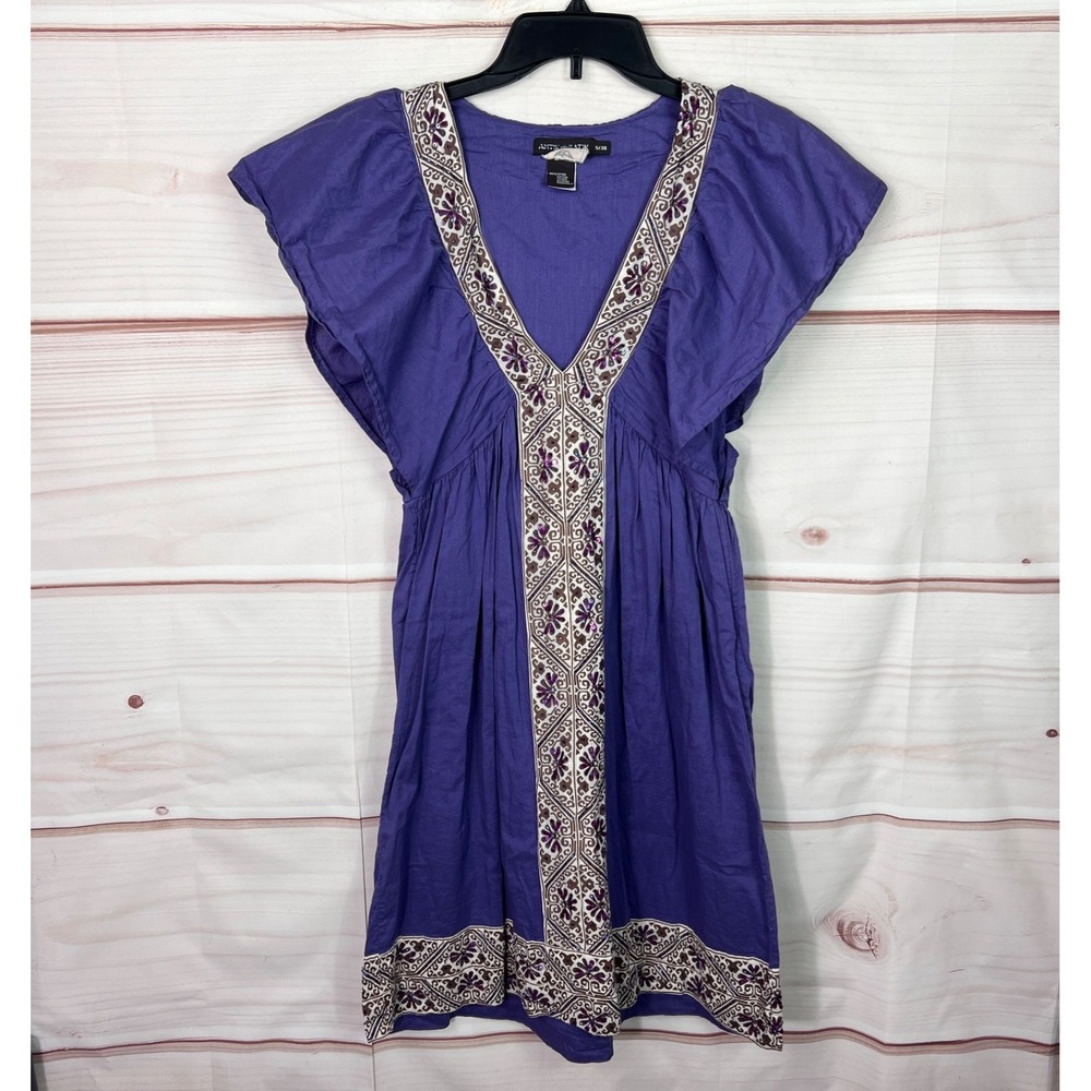 Antik Batik Dress Womens Small Purple Flutter Sleeve Mini V-Neck Sequins Cotton